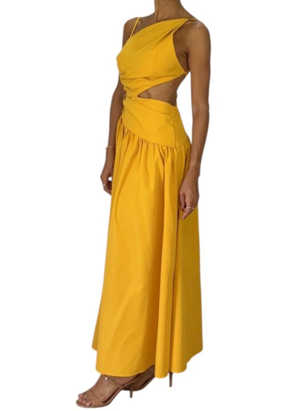 SHEIN Mustard Yellow One Shoulder Midi Dress Ruched Bodice Asymmetric Size XS